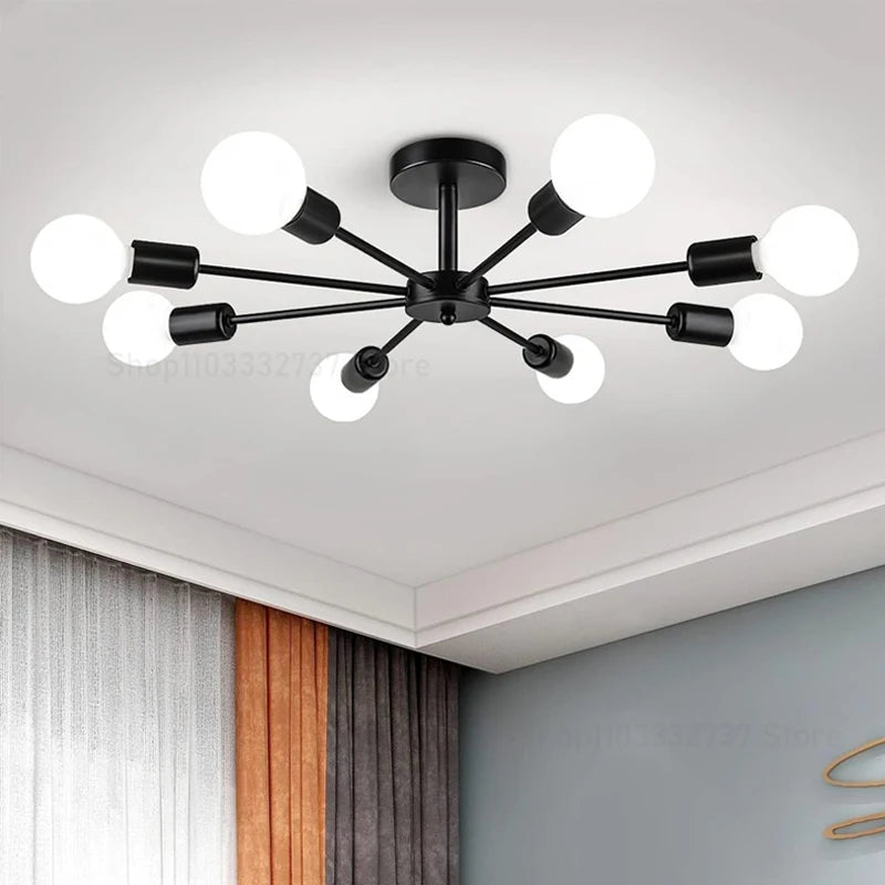 Industrial black iron multi-head pendant chandelier with E27 bulbs – view 2